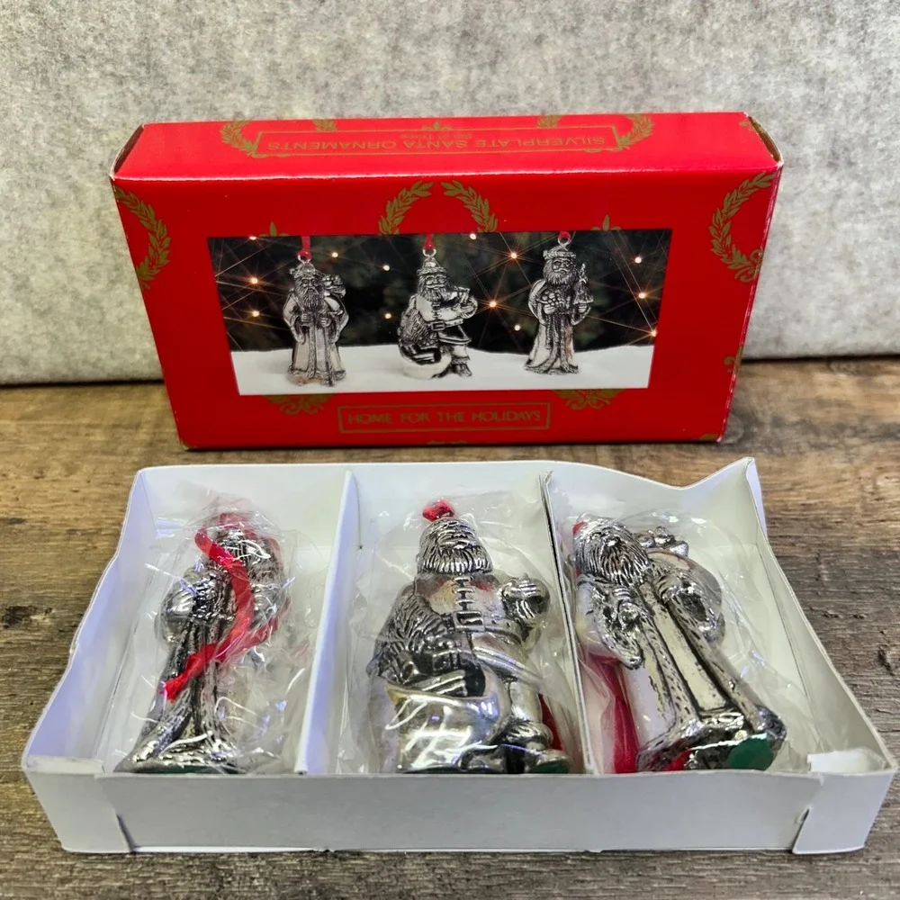 NIB Home For The‎ Holidays Silverplate Santa Ornaments Set of 3 Christmas Decor